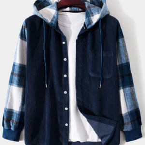 Mens Plaid & Corduroy Patchwork Preppy Long Sleeve Drawstring Hooded Shirts discountshub