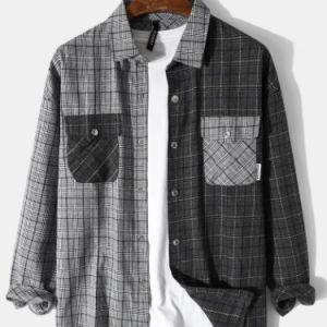 Mens Plaid Patchwork Snap Button Double Pocket Casual Long Sleeve Shirts discountshub