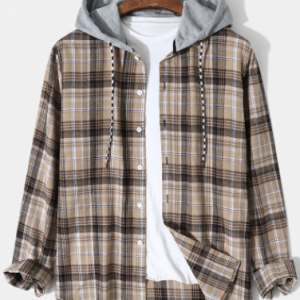 Mens Preppy Plaid Long Sleeve Contrast Drawstring Hooded Shirts discountshub