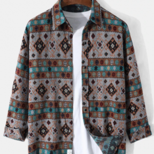 Mens Retro Tribal Pattern Ethnic Style Cotton Casual Long Sleeve Shirts discountshub