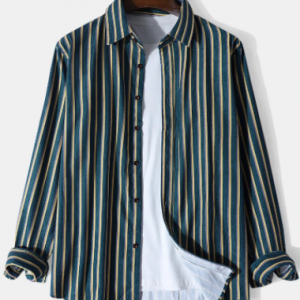 Mens Vertical Stripe Button Up Corduroy Casual Long Sleeve Shirts discountshub