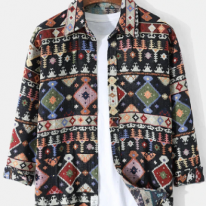 Mens Vintage Ethnic Tribal Pattern Button Cotton Casual Long Sleeve Shirts discountshub