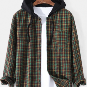 Mens Vintage Plaid Button Up Long Sleeve Contrast Drawstring Hooded Shirts discountshub