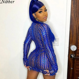 Nibber Fashion Weave Cross Hollow Shining See-through Mini Dresses Sexy Backless Ruched Club Long Sleeve Mesh Dress Summer 2020 discountshub