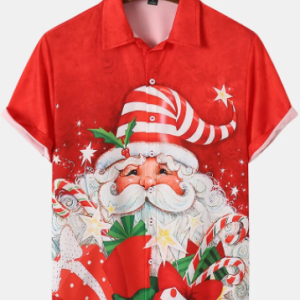 Mens Allover Christmas Santa Claus Printed Lapel Short Sleeve Shirts discountshub