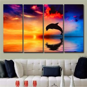 Dolphin SunsetSea Canvas Art Oil Print Home Wall Painting Decor Unframed Picture-Multi discountshub