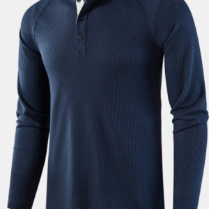 Mens Waffle Button Neck Solid Color Casual Long Sleeve T-Shirts discountshub